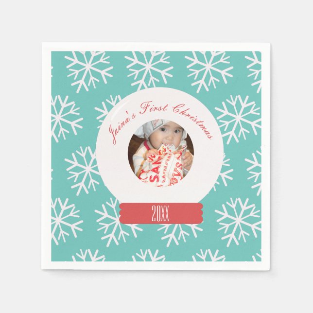 Baby's First Christmas Snowglobe Snowflakes Teal   Napkin (Front)
