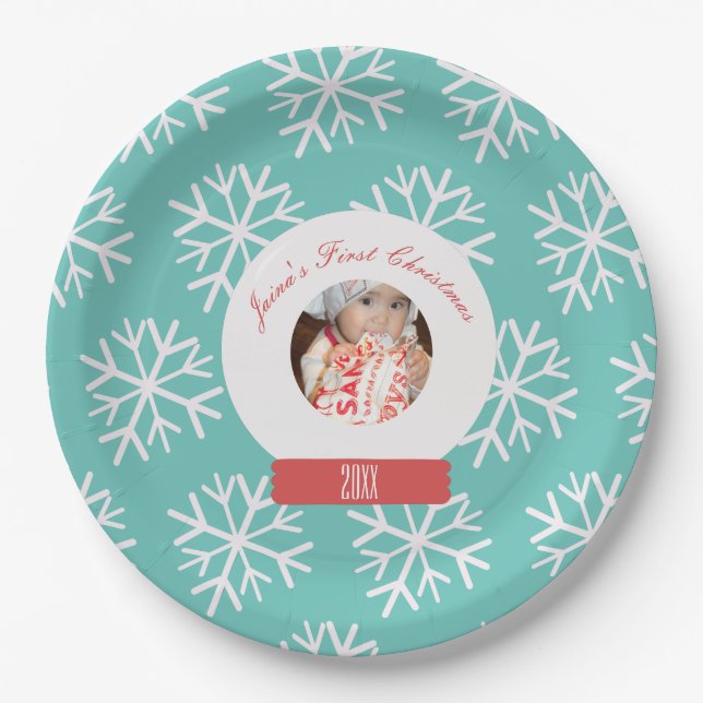 Baby's First Christmas Snowglobe Snowflakes Teal  Paper Plate (Front)