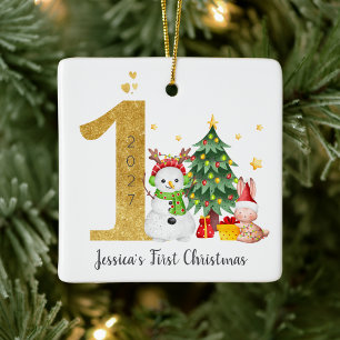 Baby's First Christmas Snowman Rabbit Ceramic Ornament