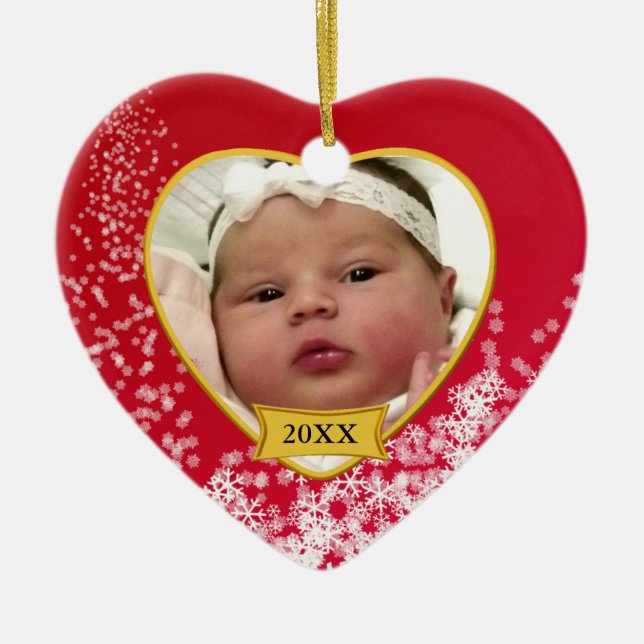 Baby's First Christmas Snowy Red Photo Ceramic Tree Decoration (Front)