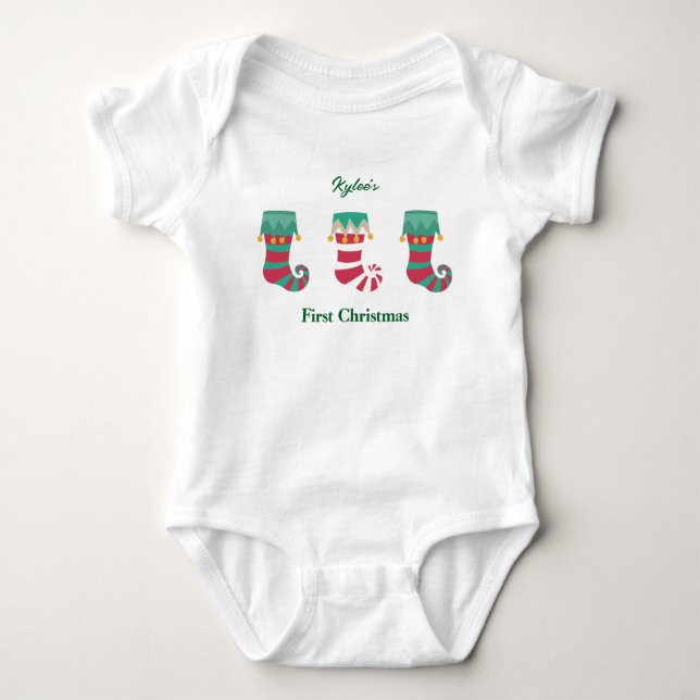 Baby's First Christmas Stockings Personalised Name Baby Bodysuit (Front)