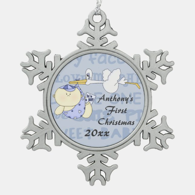 Baby's First Christmas/Stork-Customise Name/Year Snowflake Pewter Christmas Ornament (Front)