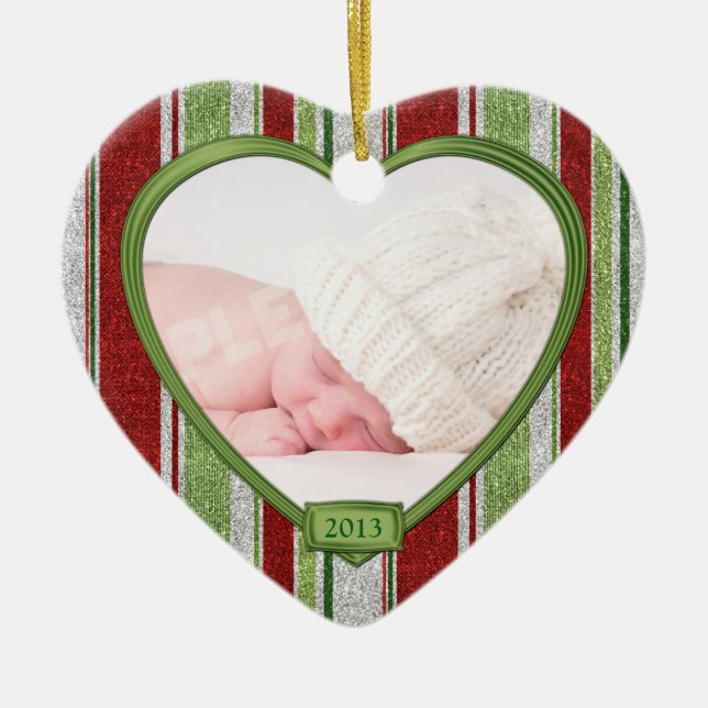 Baby's First Christmas Stripes Photo Heart Xmas Ceramic Tree Decoration (Front)