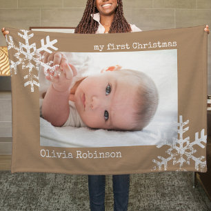 Baby's First Christmas Tan Photo Snowflakes Fleece Blanket