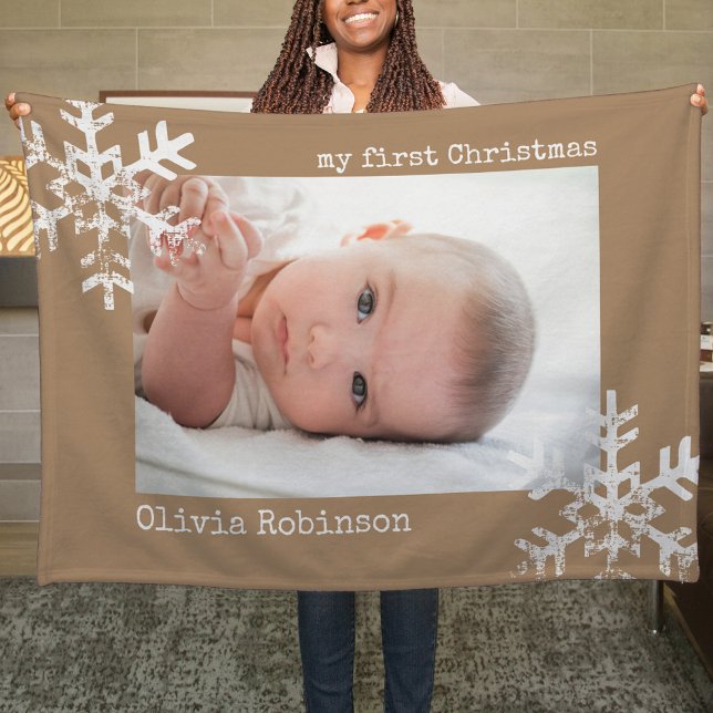 Baby's First Christmas Tan Photo Snowflakes Fleece Blanket (Snowflake Baby's 1st Christmas holiday keepsake photo ornament perfect to bring joy to others.)