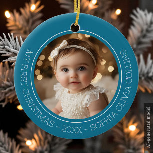 Baby's First Christmas Teal Modern 2 Photo Newborn Ceramic Tree Decoration
