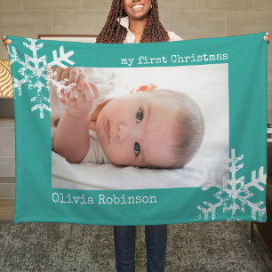 Baby's First Christmas Teal Photo Snowflakes Fleece Blanket