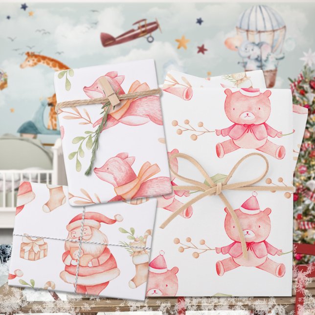 Baby's First Christmas Teddy Bear Red Fox & Santa  Wrapping Paper Sheet (Baby's First Christmas Teddy Bear Red Fox Santa Red & White Holiday Gift Wrapping Paper Sheets Trio)