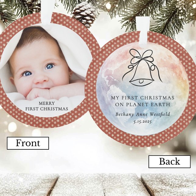 Baby's First Christmas Terracotta Photo Keepsake Ornament (Baby's First Christmas on Planet Earth Terracotta Photo Keepsake Ornament)