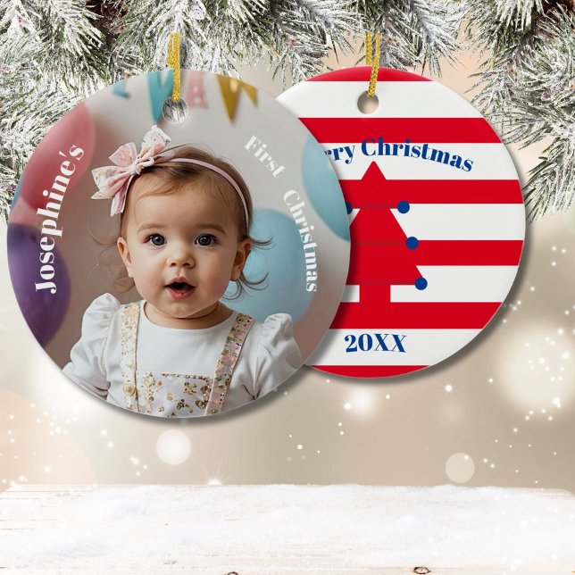 Babys First Christmas Tree Photo Red Blue White  Ceramic Tree Decoration (Creator Uploaded)