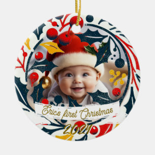 Baby's First Christmas Tricolor wreath Ceramic Tree Decoration
