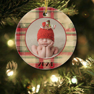 Baby's First Christmas Vintage Worn Plaid Photo  Ceramic Tree Decoration