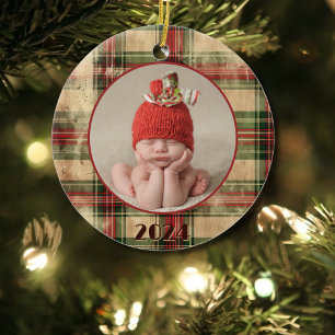 Baby's First Christmas Vintage Worn Plaid Photo  Ceramic Tree Decoration