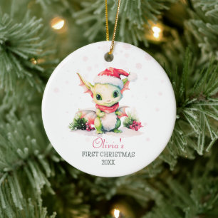 Baby's First Christmas Watercolor Dragon Girl Ceramic Tree Decoration