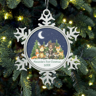 Baby's First Christmas Watercolor Forest Animals Snowflake Pewter Christmas Ornament