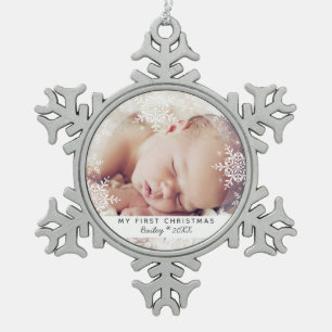 Baby's First Christmas White Silver Glitter Snowflake Pewter Christmas Ornament