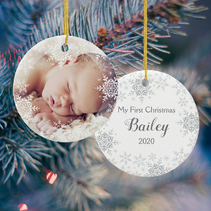 Baby's First Christmas White Silver Snowflakes Ceramic Tree Decoration