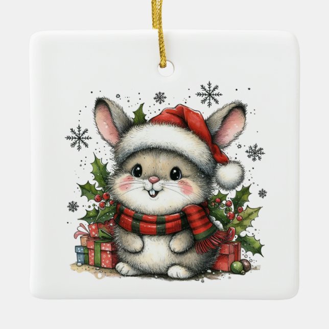 Baby's First Christmas with Cute Bunny, Presents Ceramic Ornament (Front)