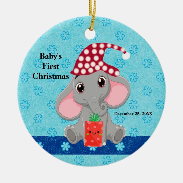 Baby's First Christmas with Elephant Ceramic Ornam Tree Decoration (Front)