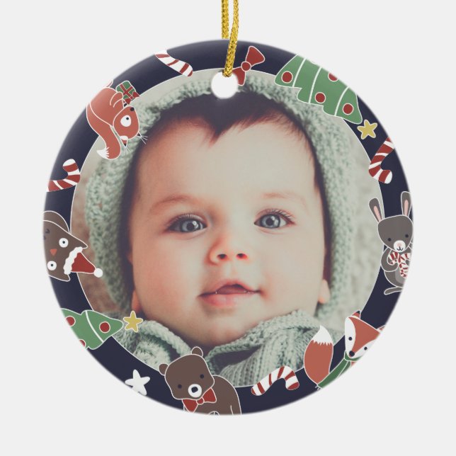 Baby's First Christmas Woodland Animals Photo Ceramic Tree Decoration (Front)