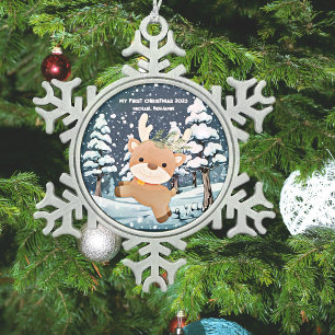 Baby's First Cute Deer Personalized Snowflake Pewter Christmas Ornament