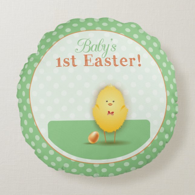 Baby's First Easter Cute Chick With Egg Round Cushion (Front)