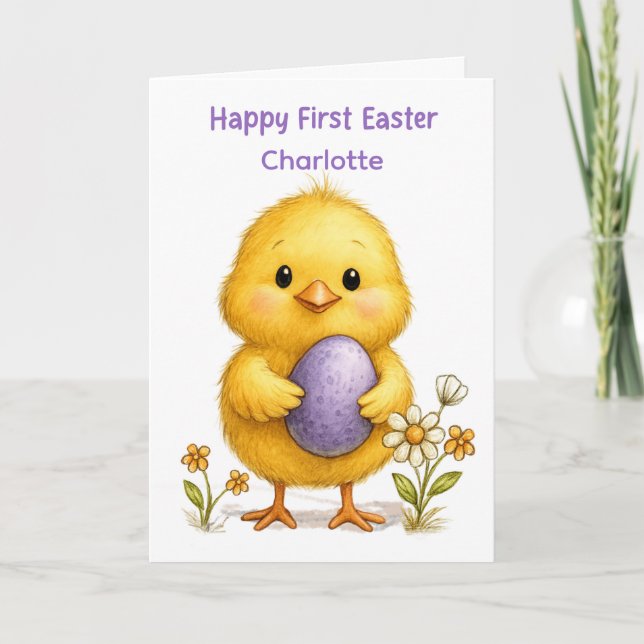 Baby's First Easter Cute Chick with Purple Egg Card (Front)