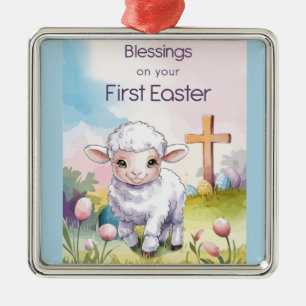 Baby's First Easter Religious Lamb Cross Christian Metal Tree Decoration