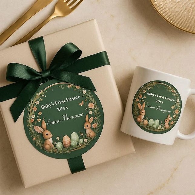 Baby's First Easter Spring Wreath Woodland Animals Classic Round Sticker (Baby's First Easter Spring Wreath Woodland Animals Classic Round Sticker)