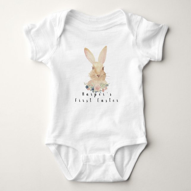Baby's first easter watercolor bunny floral baby bodysuit (Front)