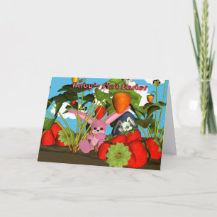 Baby's First Easter with pink bunny strawberries Holiday Card