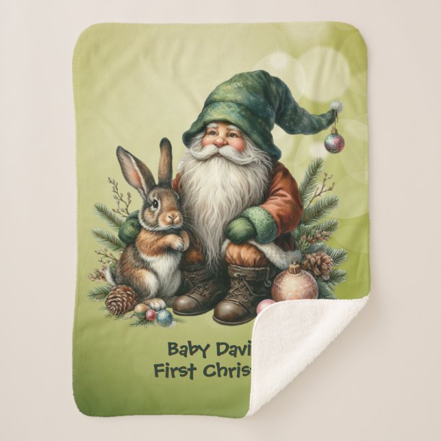 Baby's First Father Green Gnome and Rabbit Sherpa Blanket (Front)
