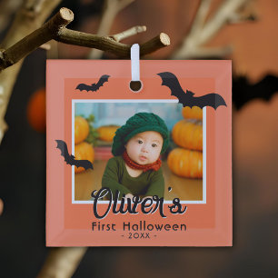 Baby's First Halloween Black Bats Photo Glass Tree Decoration