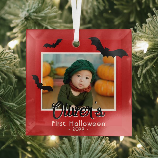 Baby's First Halloween Black Bats Photo  Glass Tree Decoration (Insitu)
