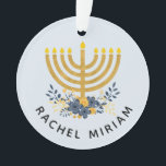 Baby's First Hanukkah | Dated Keepsake Blue & Gold Ornament<br><div class="desc">This keepsake design features baby's name and a watercolor menorah with a flower bouquet on the front side and the year and "First Hanukkah" on the reverse side. If you prefer a different background colour,  choose the customise option. #Hanukkah #Ornaments</div>
