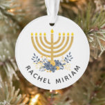 Baby's First Hanukkah | Dated Keepsake Blue & Gold Ornament<br><div class="desc">Our keepsake ornament design features baby's name and a watercolor menorah with a flower bouquet on the front side and the year and "First Hanukkah" on the reverse side. If you prefer a different background colour,  choose the customise option. #Hanukkah #Ornaments #FirstHanukkah</div>