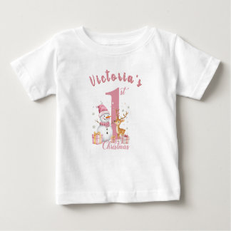 Baby's First Pink Christmas. Snowman and deer. Baby T-Shirt