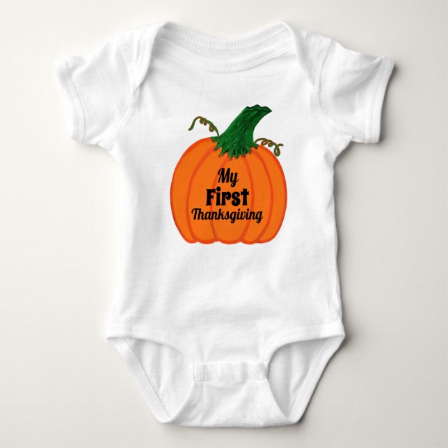 Baby's First Thanksgiving Orange Pumpkin Baby Bodysuit (Front)