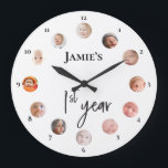 Baby's first year 12 month custom photos  large clock<br><div class="desc">1st year clock with for baby's first 12 month photos. Work with this template to personalise with your child's name and photos. Hang it up where your child can see to see the growth over the first year. You can display it at the first birthday party too. A wonderful keepsake...</div>
