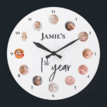 Baby's first year 12 month custom photos  large clock<br><div class="desc">1st year clock with for baby's first 12 month photos. Work with this template to personalise with your child's name and photos. Hang it up where your child can see to see the growth over the first year. You can display it at the first birthday party too. A wonderful keepsake...</div>