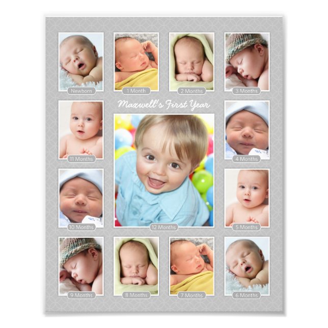 Babys First Year Grey Keepsake Photo Collage Print (Front)