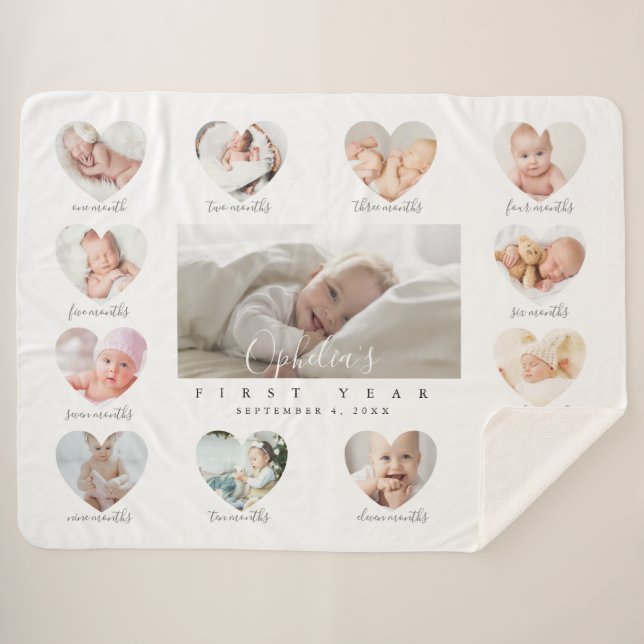Baby's First Year Heart Photo Keepsake Collage Sherpa Blanket (Front (Horizontal))