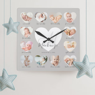 Baby's First Year Heart Photo Keepsake Collage Square Wall Clock