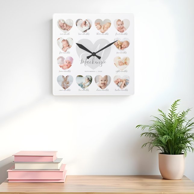 Baby's First Year Heart Photo Keepsake Collage Square Wall Clock (Baby's First Year Heart Photo Keepsake Collage Square Wall Clock)