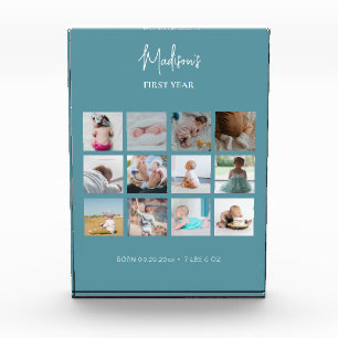 Baby's First Year Photo Collage Birth Stats Blue Block