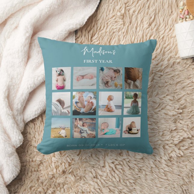 Baby's First Year Photo Collage Birth Stats Blue Cushion (Blanket)