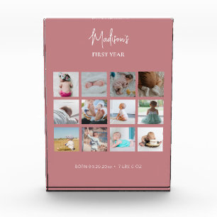 Baby's First Year Photo Collage Birth Stats Pink Block