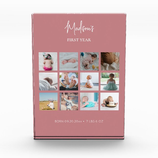 Baby's First Year Photo Collage Birth Stats Pink Block (Front)