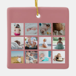 Baby's First Year Photo Collage Birth Stats Pink  Ceramic Ornament