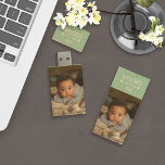 Baby's First Year Photographs Green Wood USB Flash Drive<br><div class="desc">Keep your memories of that first precious year safe and shareable with a custom flash drive that features your little one's photo. Front and back are identical, so you only need to add your photo and info once. These make great gifts for mum and dad and to share with grandparents...</div>